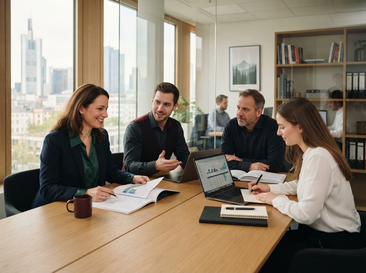 Thalvoryn Quenstrix team reviewing AI-generated financial data analysis on screen